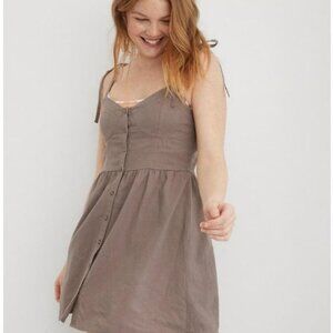 Aerie Linen Blend Tie Shoulder Corset Button Front Sundress XS Brown EUC